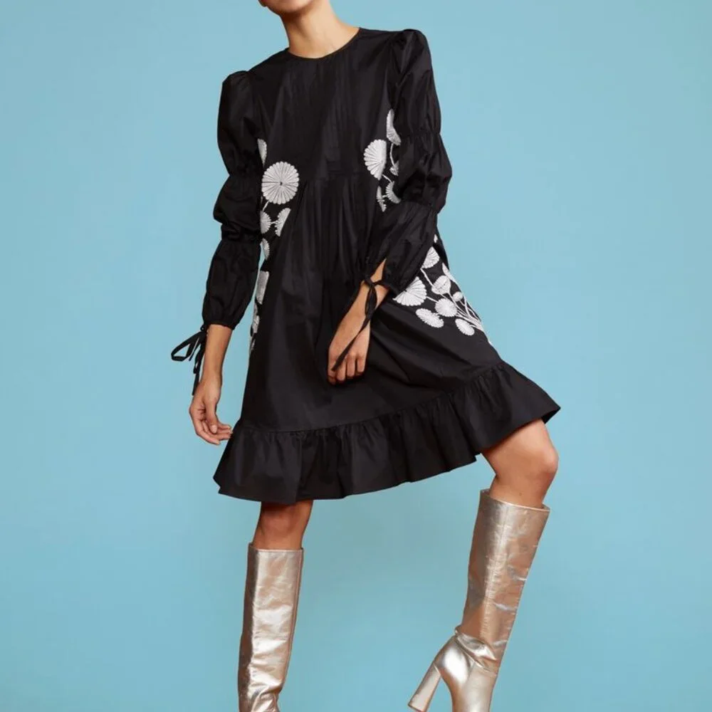 CYNTHIA ROWLEY - Kyoto Embroidered Dress Black/White Floral Long Sleeve SIZE M - Picture 4 of 5